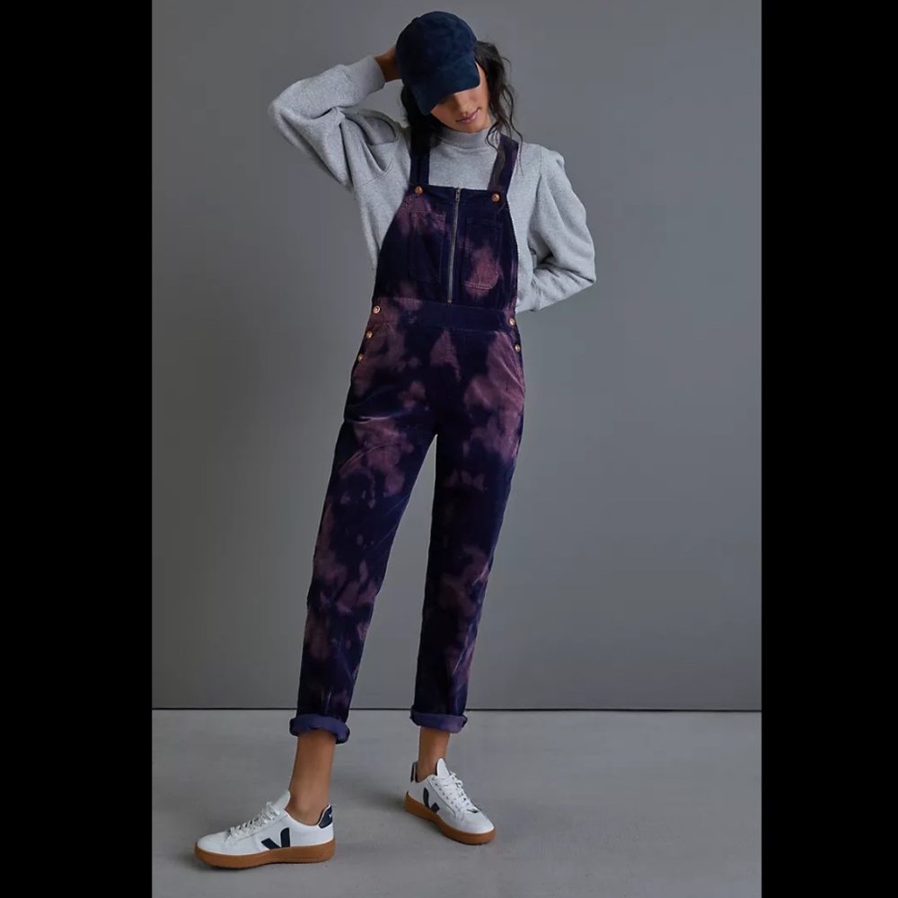 Anthropologie Navy Blue Pilcro Slim Tie Dye Corduroy Overalls Petite